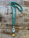 Limited edition Turquoise Lariat with ceramic pendant and 24K plated coin