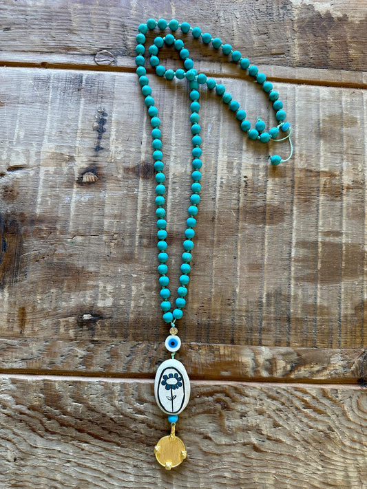 Limited edition Turquoise Lariat with ceramic pendant and 24K plated coin