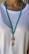 Limited edition Turquoise Lariat with ceramic pendant and 24K plated coin