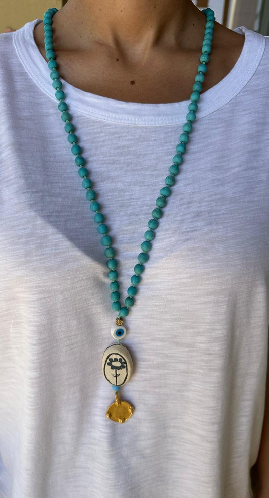 Limited edition Turquoise Lariat with ceramic pendant and 24K plated coin